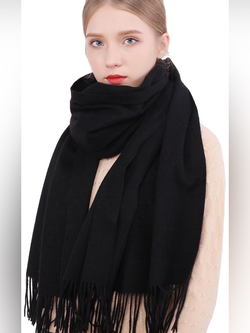 Elegant Black Fringe Wrap Scarf - Versatile Women's Accessory